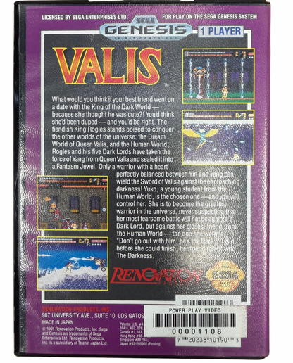Valis The Fantasm Soldier Sega Genesis GEN for retro video game enthusiasts featuring side scrolling action platforming gameplay anime inspired fantasy adventure sword combat magical abilities challenging enemies colorful stages and collectible gaming appeal back cover art