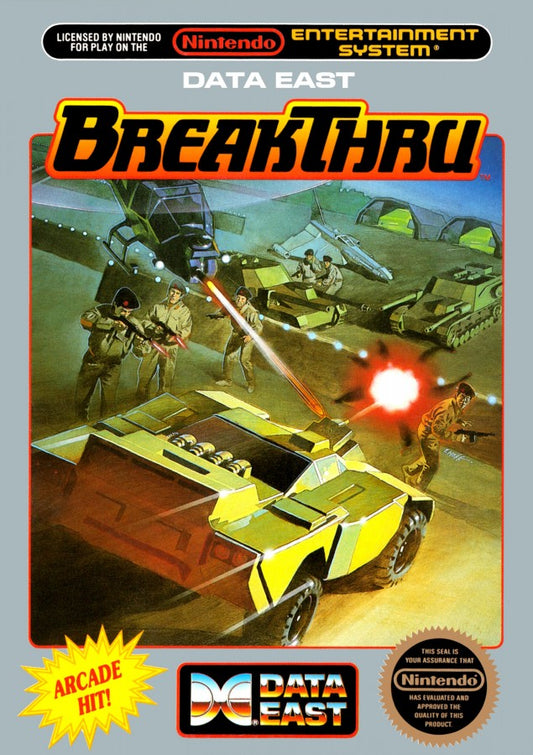 BreakThru Complete in Box CIB Nintendo Entertainment System NES for retro video game enthusiasts featuring side scrolling action shooter gameplay armored vehicle combat strategic platforming challenging enemy forces explosive arcade action complete in box collectible gaming appeal front cover