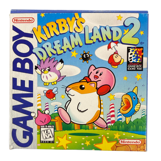 Kirby's Dream Land Game Boy GB for platforming video game fans featuring Kirby's classic adventure colorful levels power ups enemy abilities challenging boss battles side scrolling gameplay charming characters and classic Nintendo handheld gaming collectible retro Game Boy appeal cover art