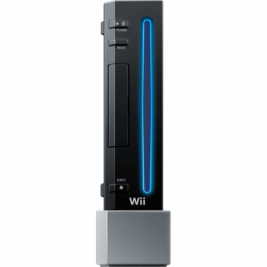 Front view of a black Nintendo Wii console standing vertically, showing the disc slot, power button, reset button, and eject button.