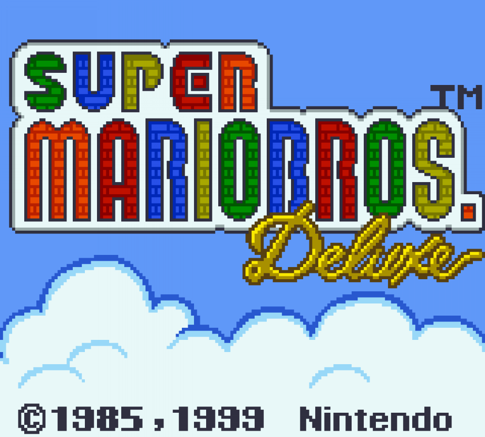 Super Mario Bros Deluxe for Game Boy Color, titel screen for a platformer video game with side-scrolling gameplay, classic level design, retro action challenges, and iconic character-based gameplay