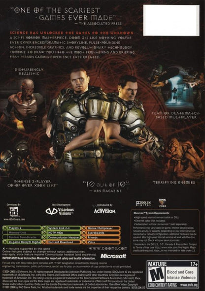 Doom 3 Platinum Hits back cover art for XBOX video game. 