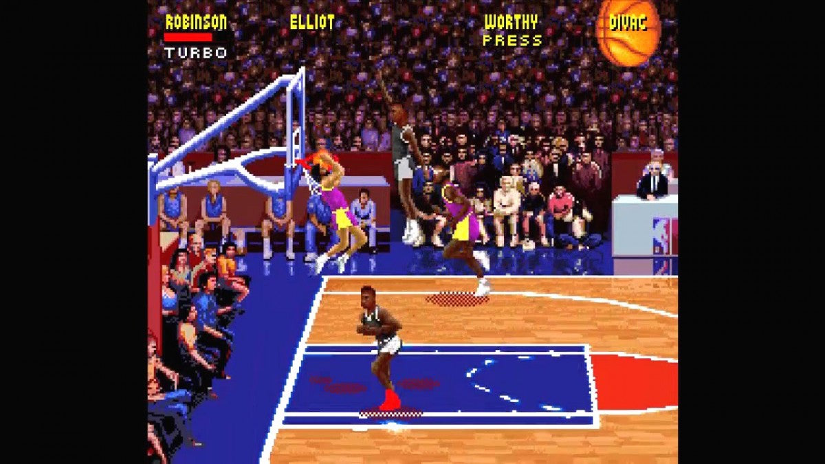 NBA Jam Super Nintendo Entertainment System SNES arcade basketball video game over the top two on two fast paced action turbo button flaming nets hang time dunks secret players multiplayer Midway 90s sports classic original arcade version gameplay screenshot