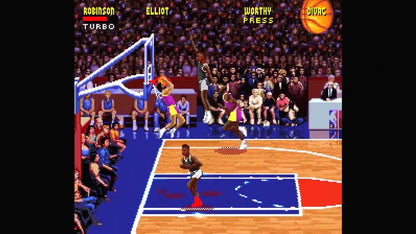 NBA Jam Super Nintendo Entertainment System SNES arcade basketball video game over the top two on two fast paced action turbo button flaming nets hang time dunks secret players multiplayer Midway 90s sports classic original arcade version gameplay screenshot