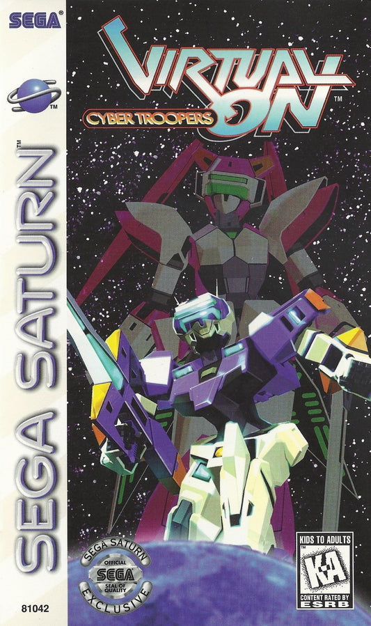 Virtual On Cyber Troopers Sega Saturn arcade mech fighting game 3D arena combat twin stick shooter robot battles SEGA AM3 fast paced versus gameplay retro Saturn game classic arcade port Sega Saturn software video game title front cover