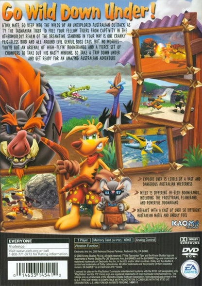Ty the Tasmanian Tiger – PlayStation 2 (PS2) back of case for the video game, 3D platformer genre