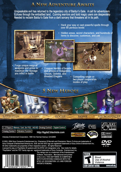 Baldurs Gate Dark Alliance 2 retro PlayStation 2 video game Baldurs Gate fantasy action RPG dungeon crawler hack and slash cooperative gameplay console title PlayStation 2 release back of case