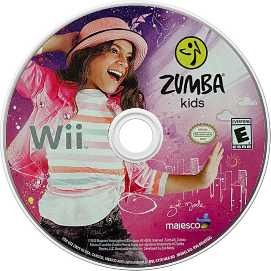 Zumba Kids disc art for Nintendo Wii (Wii) featuring energetic dance fitness routines for children with colorful visuals and fun multiplayer party gameplay.