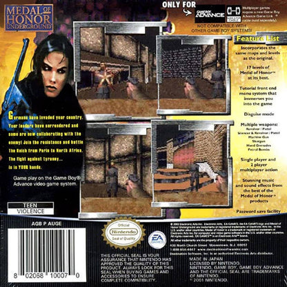 Medal of Honor Underground for Game Boy Advance, back of case for a first-person shooter video game with World War II combat, mission-based gameplay, stealth elements, and military action