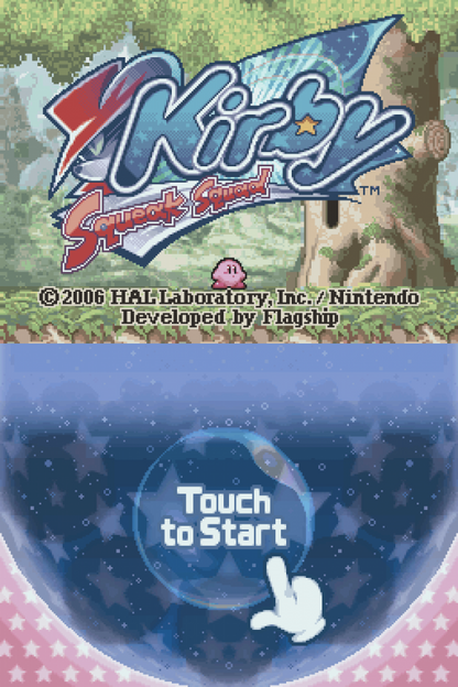 Kirby: Squeak Squad start screen for Nintendo DS (DS) platforming action adventure video game