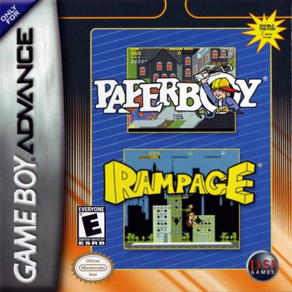Paperboy & Rampage Nintendo Game Boy Advance GBA for arcade action retro video game fans featuring newspaper delivery city streets monster destruction classic arcade gameplay fast paced challenges iconic retro action classic handheld gaming collectible gaming appeal front cover art