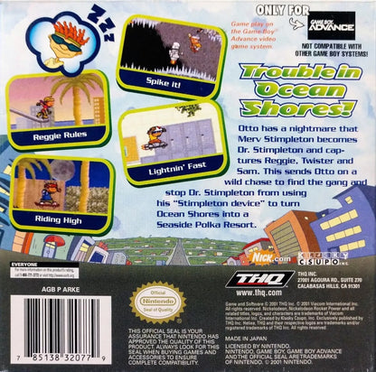 Boy Advance retro video game back of case featuring action sports gameplay skateboarding BMX style challenges beach themed environments team based missions cartoon inspired visuals extreme sports adventure and portable handheld gaming experience on the GBA system