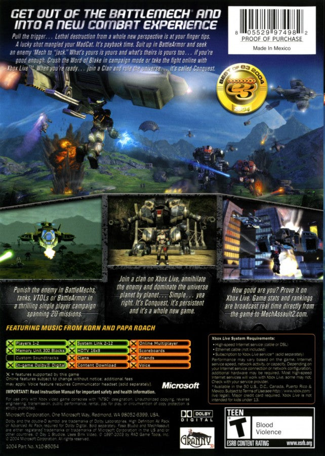 MechAssault 2 Lone Wolf Xbox game featuring intense mech combat, strategic vehicle battles, and futuristic action back cover art