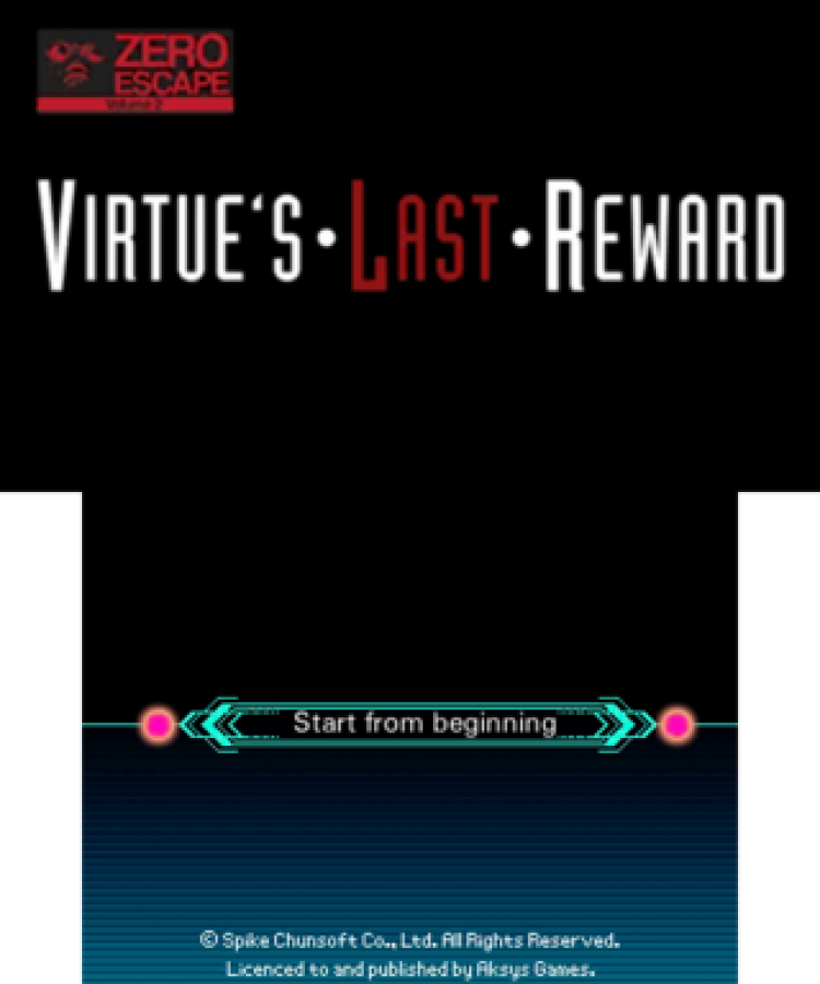 Zero Escape: Virtue’s Last Reward start screen for Nintendo 3DS (3DS) visual novel adventure video game