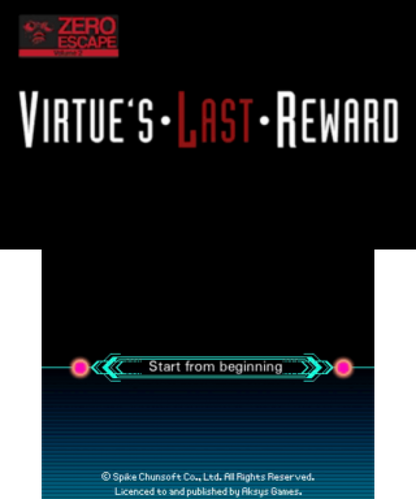 Zero Escape: Virtue’s Last Reward start screen for Nintendo 3DS (3DS) visual novel adventure video game