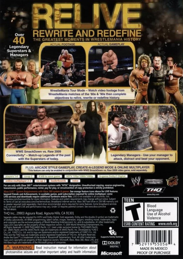 WWE Legends of WrestleMania Xbox 360 wrestling arcade game classic roster Hulk Hogan Andre the Giant Stone Cold The Rock relive historic WrestleMania moments back cover art