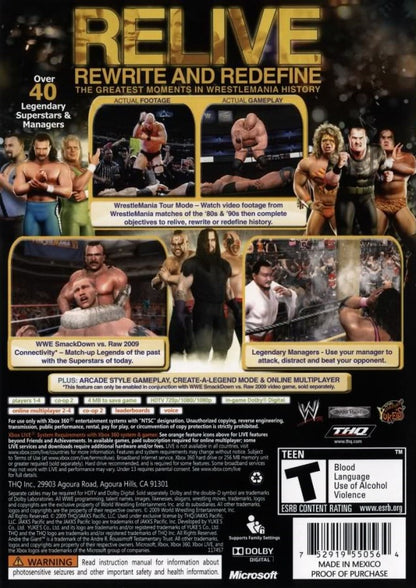 WWE Legends of WrestleMania Xbox 360 wrestling arcade game classic roster Hulk Hogan Andre the Giant Stone Cold The Rock relive historic WrestleMania moments back cover art