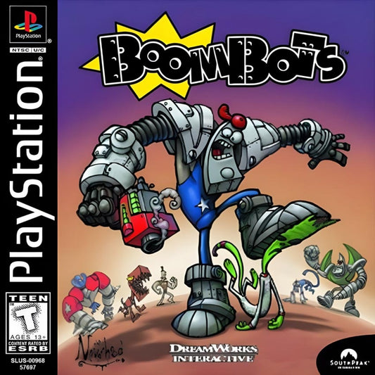 BoomBots PlayStation PS1 for action fighting video game fans featuring colorful robot battles fast paced arena combat explosive weapons multiplayer gameplay quirky characters cartoon style graphics arcade action challenging game modes collectible gaming appeal cover art