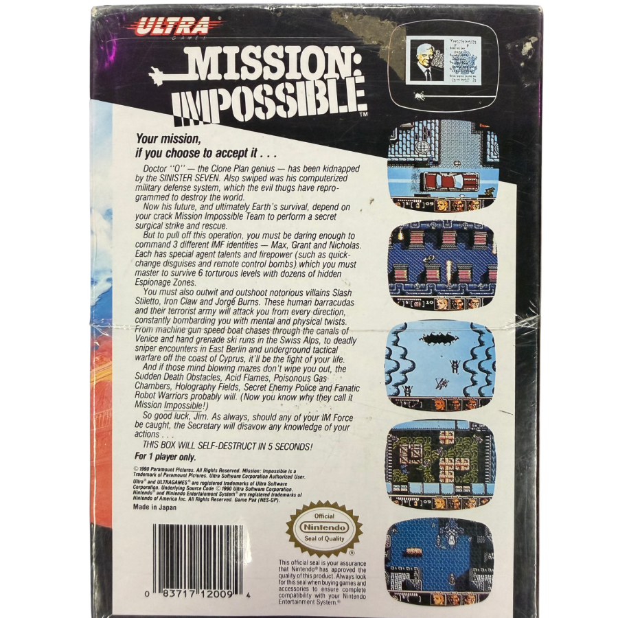 Mission Impossible Nintendo Entertainment System NES for action adventure video game fans featuring secret agent missions espionage gameplay enemy encounters stealth action weapons puzzle solving challenging levels and classic Nintendo Entertainment System gaming collectible appeal back cover art