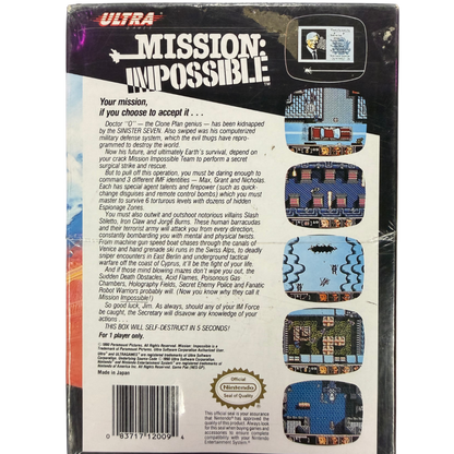 Mission Impossible Nintendo Entertainment System NES for action adventure video game fans featuring secret agent missions espionage gameplay enemy encounters stealth action weapons puzzle solving challenging levels and classic Nintendo Entertainment System gaming collectible appeal back cover art