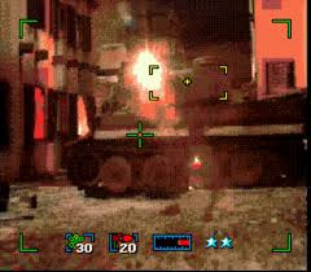 Surgical Strike Sega CD full motion video FMV rail shooter arcade style helicopter combat military strike missions live action footage targeting enemies cinematic gameplay interactive movie style retro gaming Sega CD software video game title gameplay