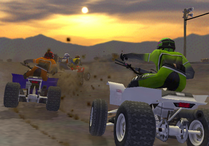 Retro ATV Offroad Fury Greatest Hits PS2 inspired design featuring extreme off road racing aesthetic vintage PlayStation 2 all terrain vehicle stunts rugged dirt tracks freestyle tricks outdoor motorsports adrenaline nostalgic racing game presentation - gameplay