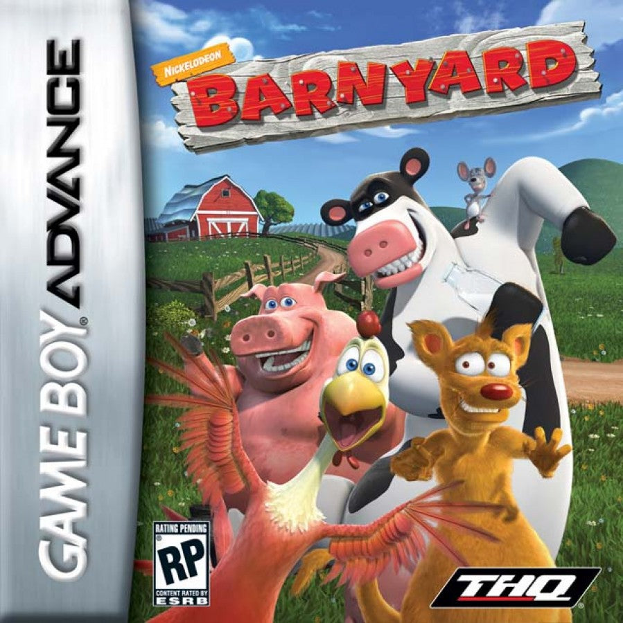 Barnyard Game Boy Advance GBA cover art for retro video game enthusiasts featuring farm themed adventure gameplay mini game collections open farm exploration animal character activities lighthearted story missions and portable handheld casual gaming experience and collectible gaming appeal