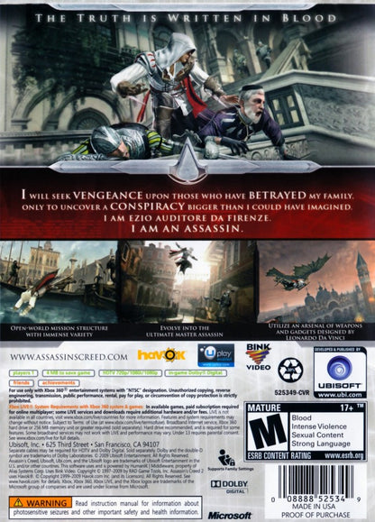 Assassin's Creed II back cover art for Xbox 360 (X360) action-adventure video game