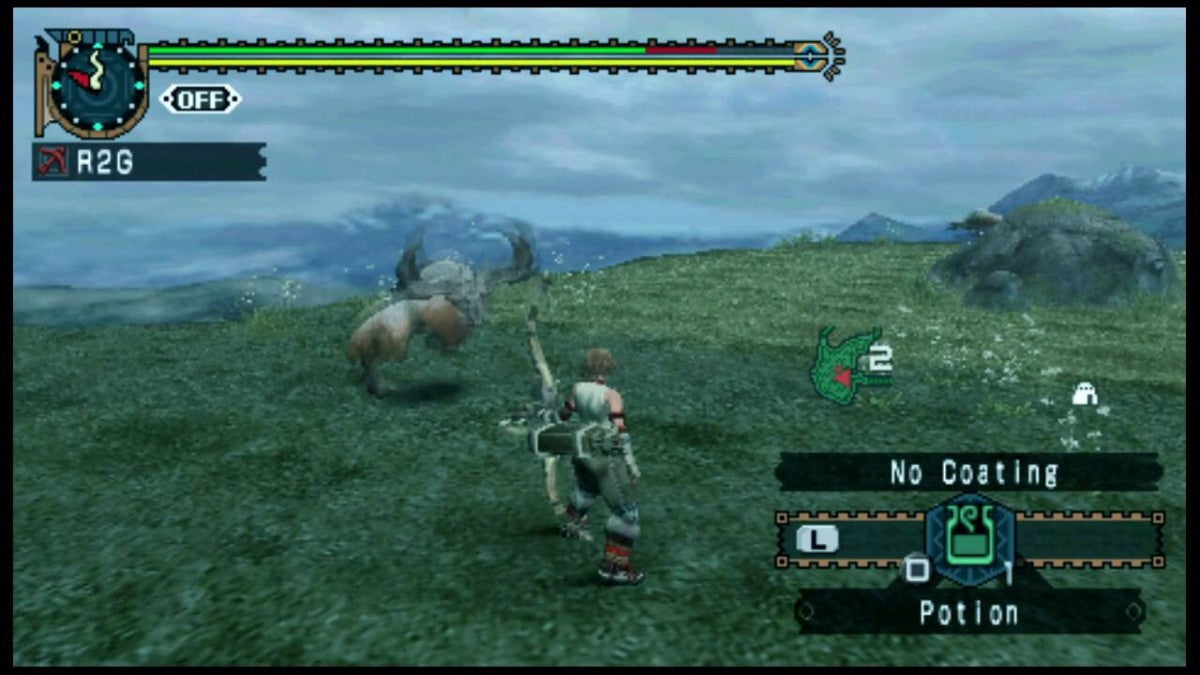 Monster Hunter Freedom Unite PlayStation Portable PSP video game, action RPG, cooperative monster hunting, expanded content edition, handheld console title gameplay screenshot