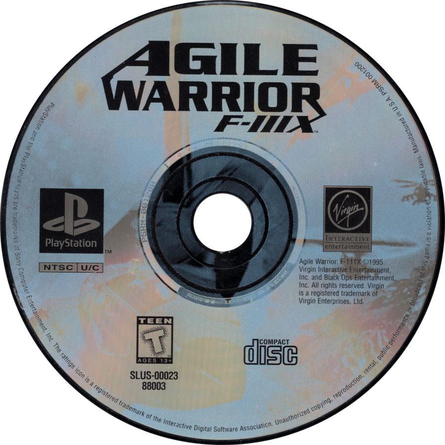 Agile Warrior F-111X [Long Box] for PlayStation 1 (PS1) at Gamers INC, featuring the explosive aerial combat simulator in its rare, collectible early-release "Long Box" packaging; pilot the experimental F-111X fighter through high-stakes missions to neutralize global threats, utilizing a devastating arsenal of missiles and napalm across fully destructible environments in a classic showcase of early 32-bit 3D flight action and cinematic mission briefings disc