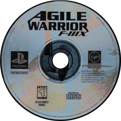 Agile Warrior F-111X [Long Box] for PlayStation 1 (PS1) at Gamers INC, featuring the explosive aerial combat simulator in its rare, collectible early-release "Long Box" packaging; pilot the experimental F-111X fighter through high-stakes missions to neutralize global threats, utilizing a devastating arsenal of missiles and napalm across fully destructible environments in a classic showcase of early 32-bit 3D flight action and cinematic mission briefings disc
