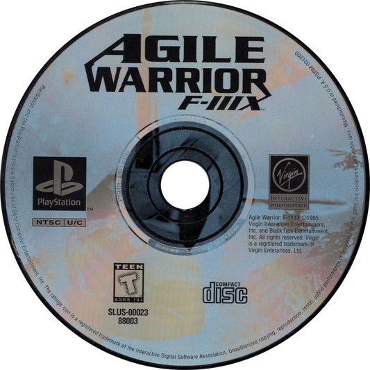 Agile Warrior F-111X [Long Box] for PlayStation 1 (PS1) at Gamers INC, featuring the explosive aerial combat simulator in its rare, collectible early-release "Long Box" packaging; pilot the experimental F-111X fighter through high-stakes missions to neutralize global threats, utilizing a devastating arsenal of missiles and napalm across fully destructible environments in a classic showcase of early 32-bit 3D flight action and cinematic mission briefings disc