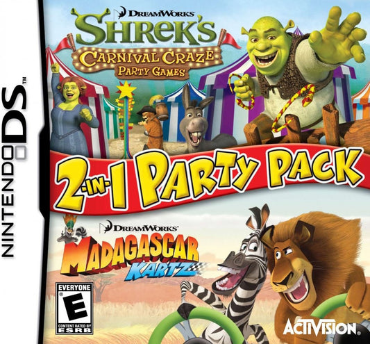 Shrek's Carnival Craze & Madagascar Kartz cover art for Nintendo DS (DS) party mini-game and kart racing video game bundle