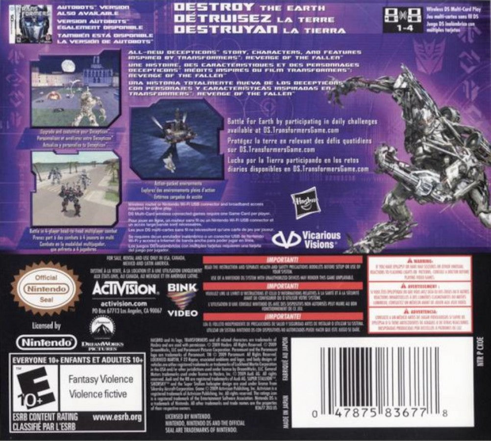 Transformers Revenge of the Fallen Decepticons for Nintendo DS action adventure game featuring the Decepticon campaign real time combat stylus based controls character upgrades and a story driven Transformers experience back cover
