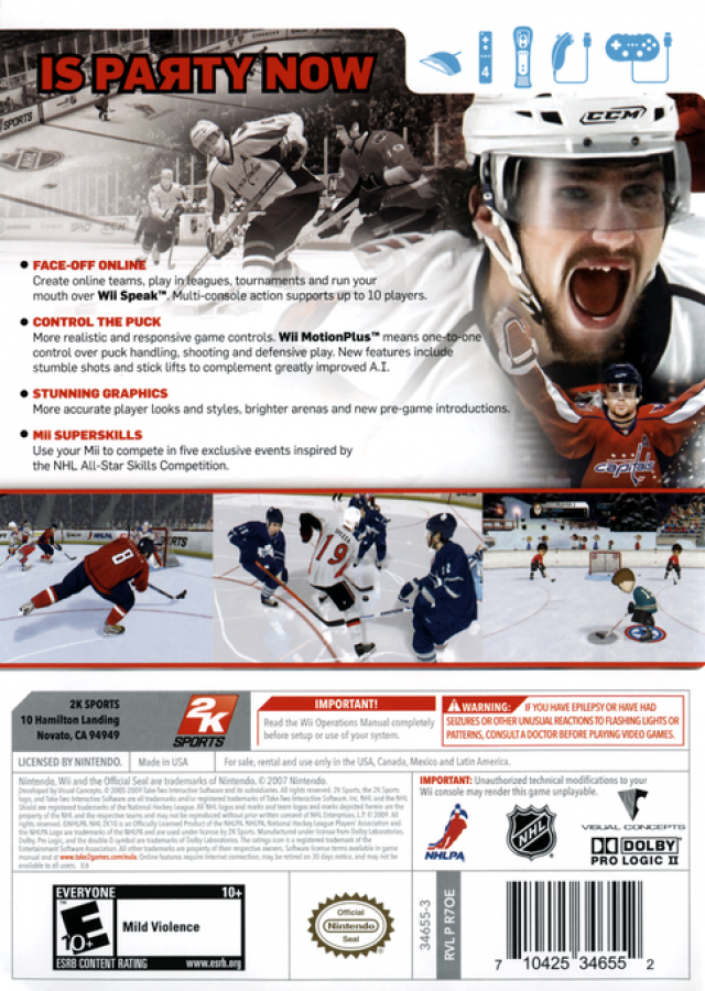 NHL 2K10 – Nintendo Wii (Wii) ice hockey sports simulation video game back of case