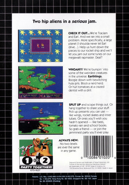 ToeJam and Earl Sega Genesis GEN for retro video game enthusiasts featuring action adventure gameplay cooperative multiplayer exploration randomly generated levels quirky humor unique alien characters funky soundtrack and collectible gaming appeal back cover