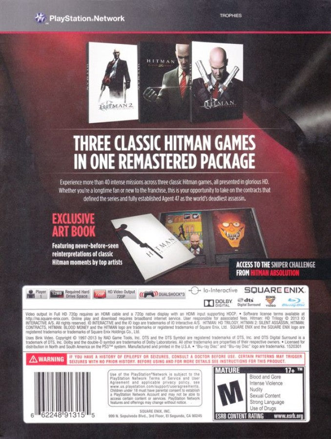 Hitman Trilogy HD PlayStation 3 PS3 video game collection, stealth action gameplay, Agent 47 missions, remastered classic Hitman titles back cover art 