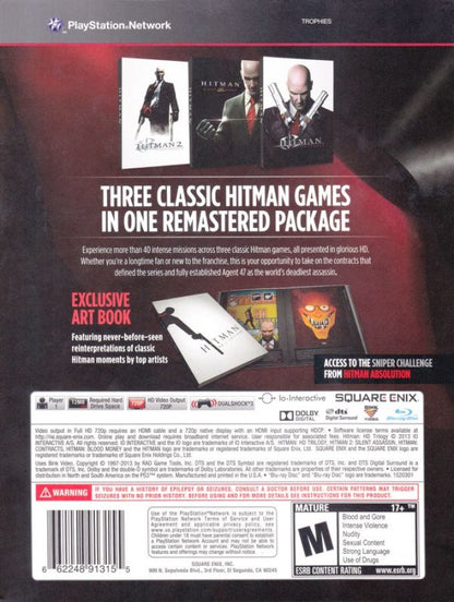 Hitman Trilogy HD PlayStation 3 PS3 video game collection, stealth action gameplay, Agent 47 missions, remastered classic Hitman titles back cover art 