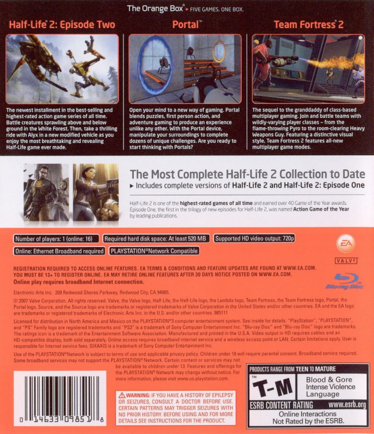 The Orange Box back cover art for PlayStation 3 video game.