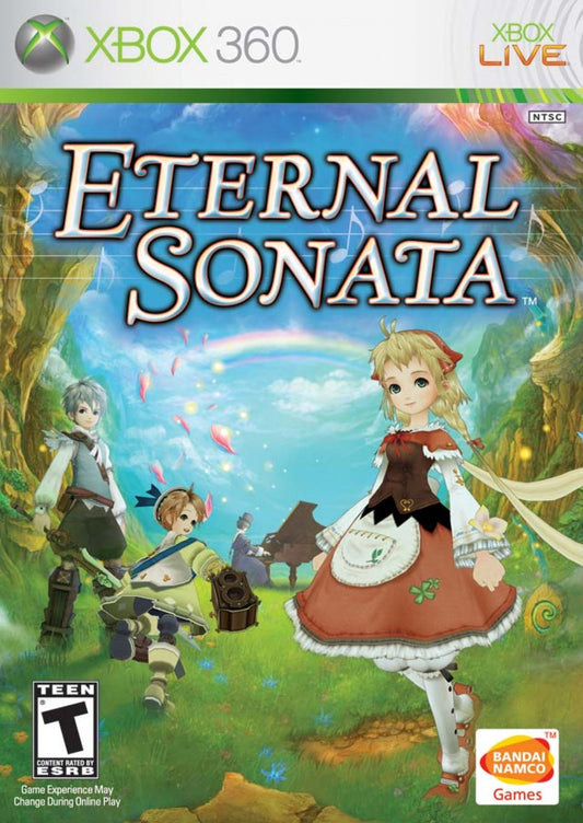 Eternal Sonata Xbox 360 JRPG featuring turn based and real time hybrid battle system anime art style emotional fantasy storyline inspired by composer Frédéric Chopin cinematic cutscenes and expansive role playing adventure by Namco Bandai cover art