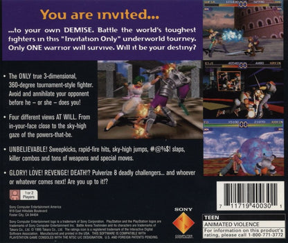 Battle Arena Toshinden [Not For Resale] back cover art for PlayStation 1 (PS1) fighting video game.