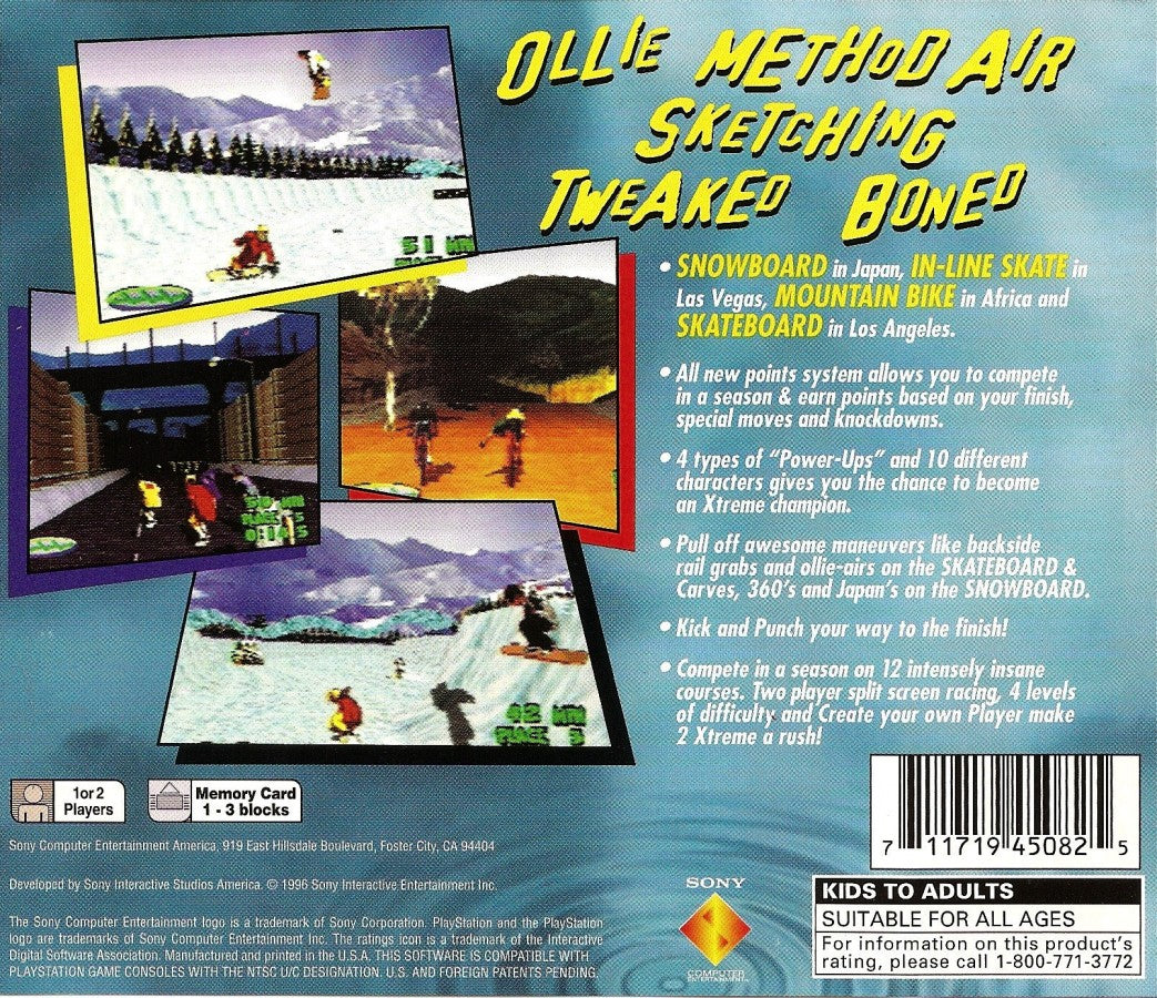 2Xtreme Greatest Hits PlayStation 1 PS1 video game, extreme sports racing, BMX, skateboarding, and rollerblading action, classic console title back cover