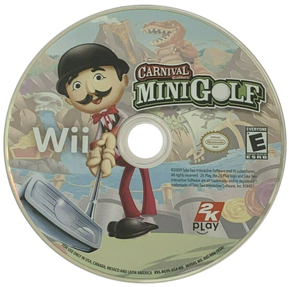Carnival Games Mini Golf Nintendo Wii video game, motion-controlled sports mini-games, family-friendly party gameplay, Wii console title disc