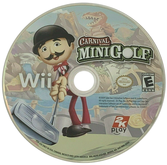 Carnival Games Mini Golf Nintendo Wii video game, motion-controlled sports mini-games, family-friendly party gameplay, Wii console title disc