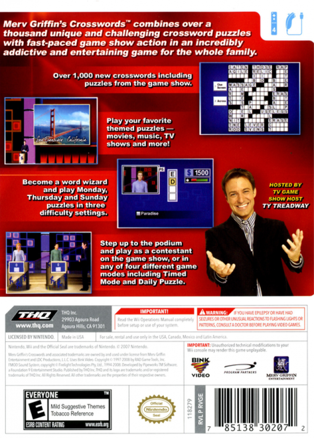 Merv Griffin’s Crosswords – Nintendo Wii (Wii) word puzzle trivia video game back of case