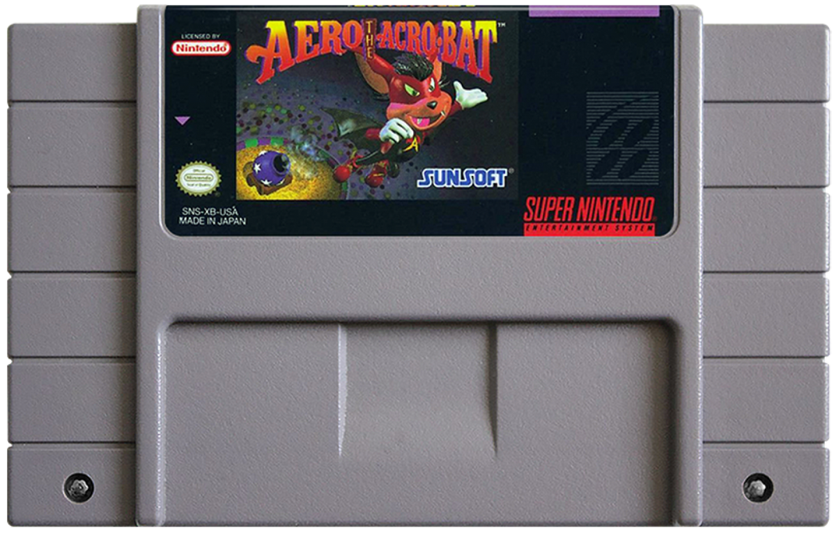 Aero the Acro-Bat Super Nintendo Entertainment System SNES video game featuring action platforming gameplay Aero acrobat character circus adventure colorful environments enemy encounters jumping challenges collectible items and classic 16 bit Nintendo gameplay retro video game collection collectible gaming appeal game cartridge