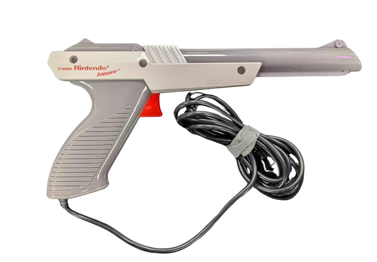 Nintendo Zapper OEM [Gray][In Box Missing Manuals/Inserts] for Nintendo Entertainment System (NES) accessory featuring the classic light gun controller used for Duck Hunt and other shooting games; includes the original box but is missing the manuals and inserts with an authentic gray OEM zapper inside real accesory with cord