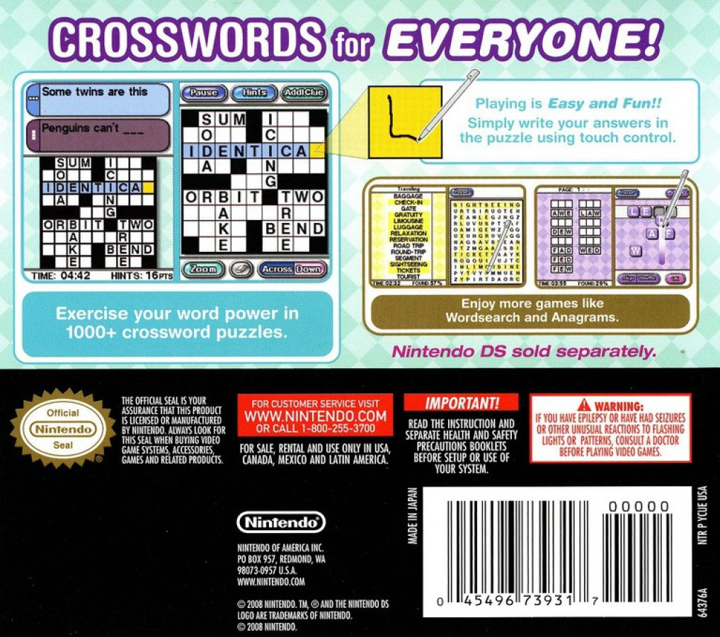 Crosswords DS back of case for Nintendo DS (DS) crossword puzzle video game