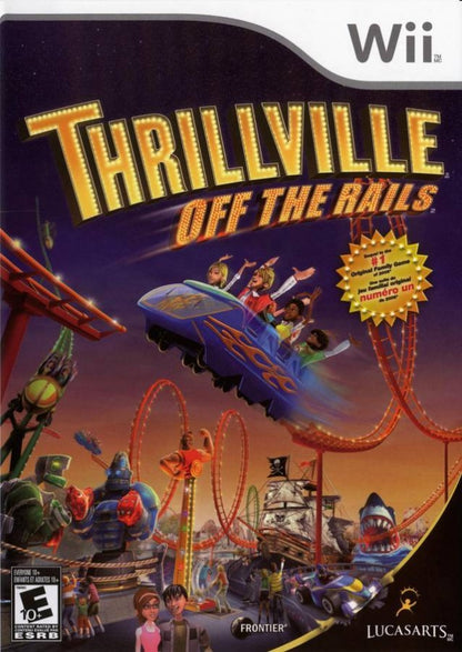 Thrillville: Off the Rails cover art for Nintendo Wii (Wii) featuring theme park building, wild roller coasters, and mini‑games with quirky characters.