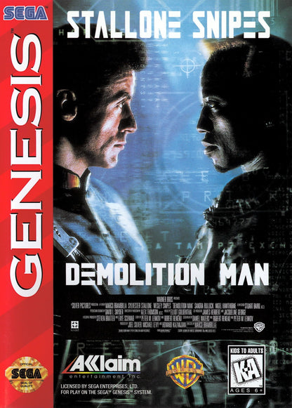 Demolition Man Sega Genesis GEN for retro video game enthusiasts featuring action shooter gameplay movie inspired adventure futuristic combat side scrolling missions explosive weapons intense enemy encounters and collectible gaming appeal front cover